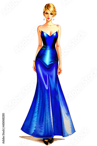 Fashion illustration sketch of trendy woman in evening gown dress