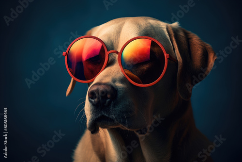 Portrait of Golden Retriever with in sunglasses on dark background. Generative AI