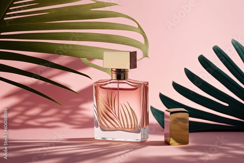 transparent perfume bottle with a pink backdrop. display of fragrance in daylight. Natural materials trending idea palm leaf shadow. The essence of men and women. Generative AI