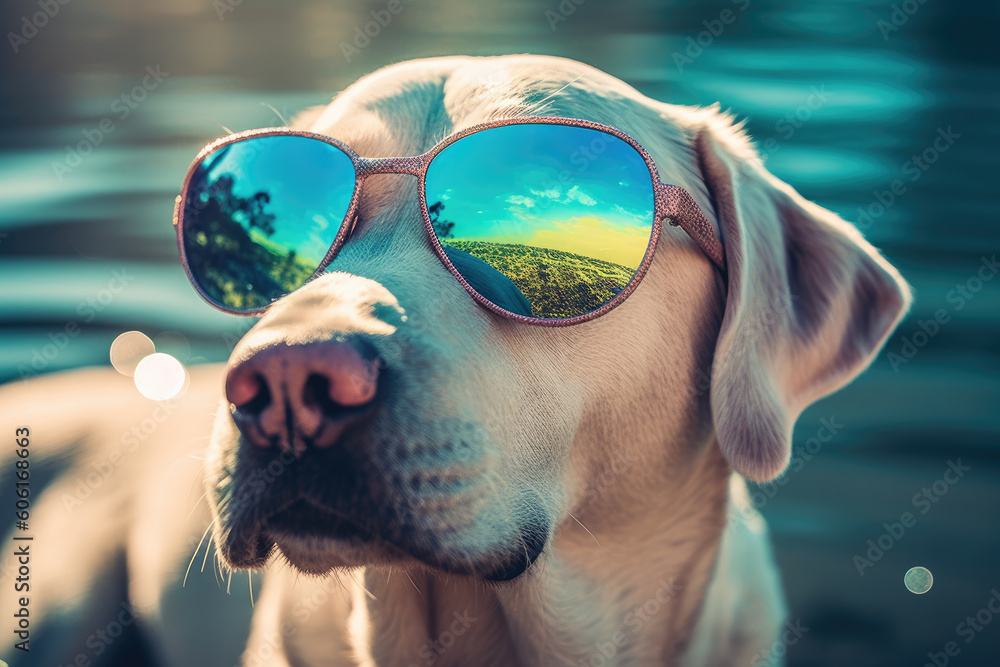 Portrait of Golden Retriever with in sunglasses outside. Generative AI