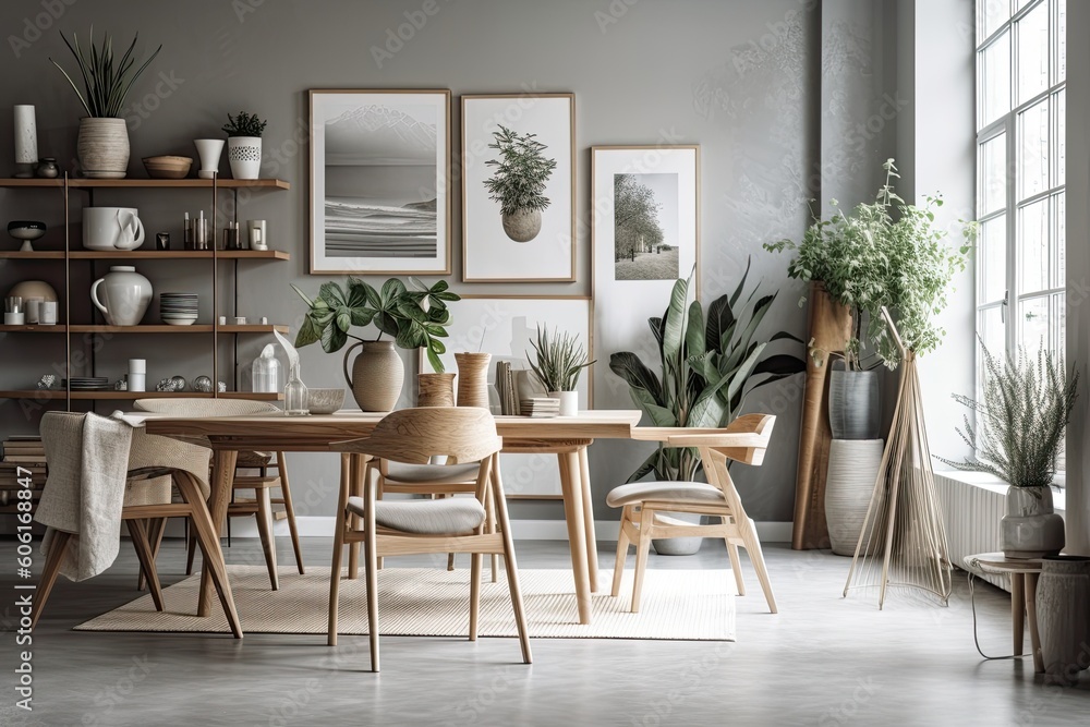 Elegant Scandinavian interior design of living room with design wooden chairs, dining table, plants, accessories, and gallery wall with mock up posters. gray walls as a backdrop modern Generative AI