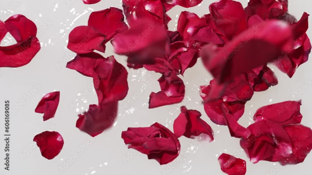 Red rose petals fall into a milk bath. Red rose petals fall into a milk bath.