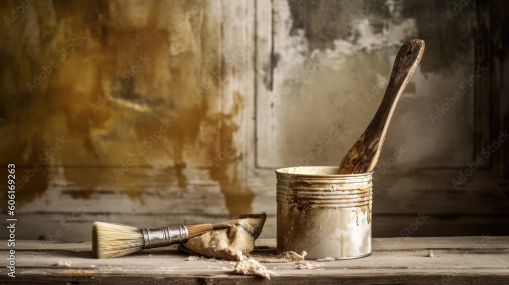 A Can of Beige Paint and Brush for DIY Project A Can of Beige Paint and Brush for DIY Project