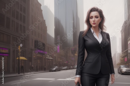 Young confident smiling caucasian business woman standing on busy street  portrait. Proud successful female entrepreneur wearing suit posing and looking at camera in big city outdoors. Generative AI