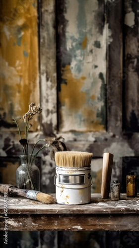 A Can of Beige Paint and Brush for DIY Project