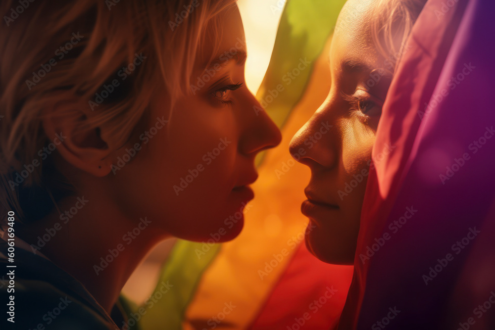 Lesbian couple with pride flag. AI Generated Lesbian couple with pride flag. AI Generated