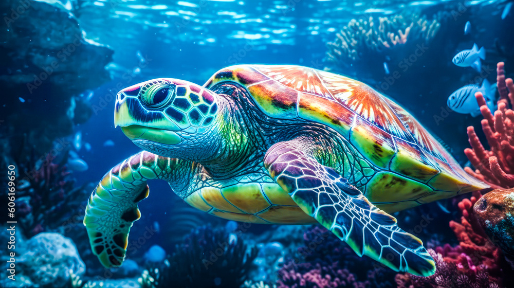 Obraz premium Underwater world. Corals. Turtle. Depth. image for 3d floor. Dive into the underwater world. Ai generated
