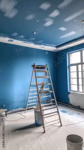 A Room in Renovation in a Modern Apartment with a Ladder and a Gipsum Drywall Being Painted in Blue