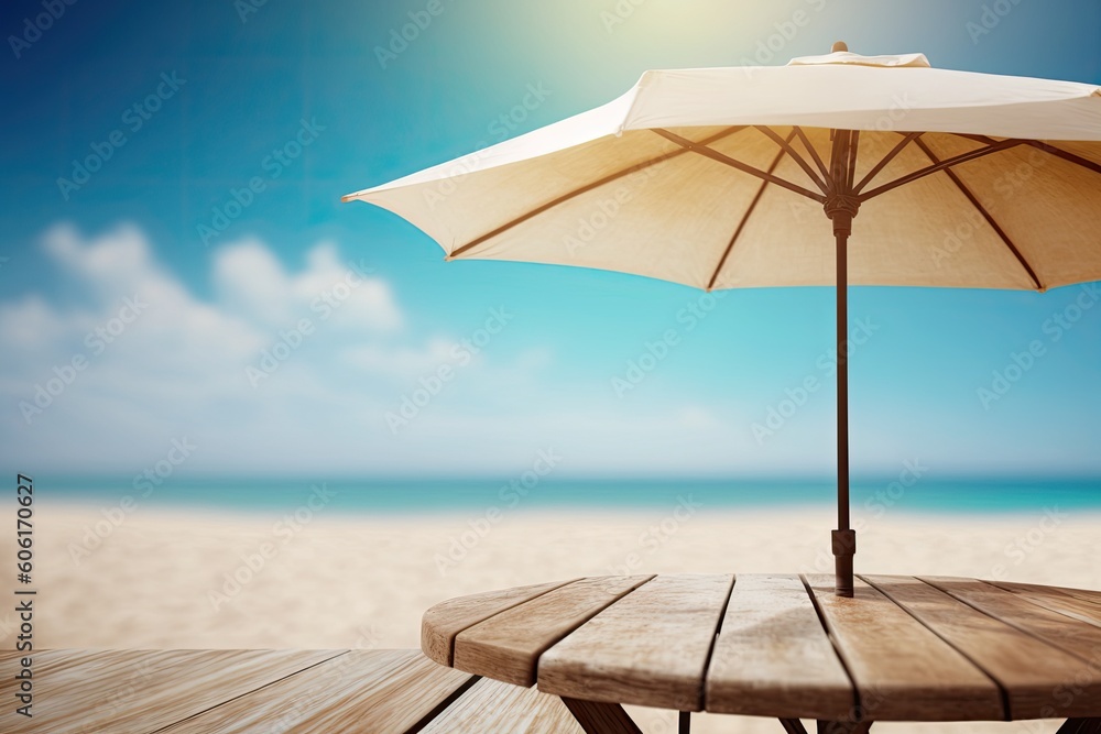 Wood table top against a hazy beach background with beach chairs and an umbrella - ideal for product presentation or montage. Generative AI Wood table top against a hazy beach background with beach chairs and an umbrella - ideal for product presentation or montage. Generative AI