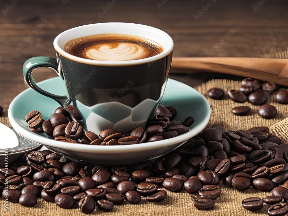 Espresso Coffee Cup with Beans, Generated AI Espresso Coffee Cup with Beans, Generated AI