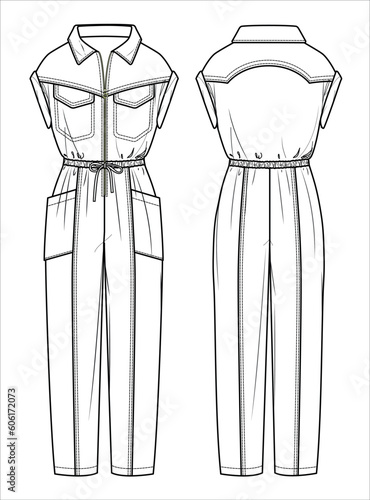 Vector woman drop shoulder jumpsuit technical drawing, sleeveless jumpsuit with pockets and elasticized waist fashion CAD, template, flat, sketch, mockup. Jersey or woven fabric jumpsuit, white color