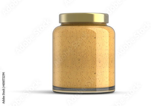 Mustard Glass Jar with Gold Metal Lid 3D Rendering
