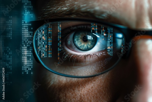 Fototapeta Close-up of Eyes and Glasses with Tech Reflection, Cyber Security Concept, AI Ge
