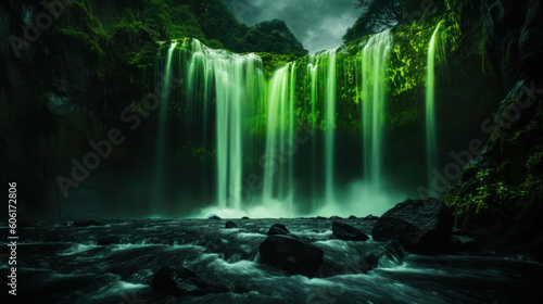 A waterfall glowing in neon green, with bioluminescent algae providing a luminous spectacle against the backdrop of the dark night.