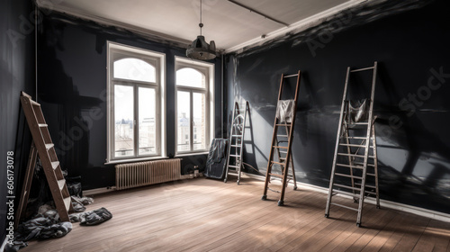 A Room in Renovation in a Modern Apartment with a Ladder and a Gipsum Drywall Being Painted in Tricorn Black color