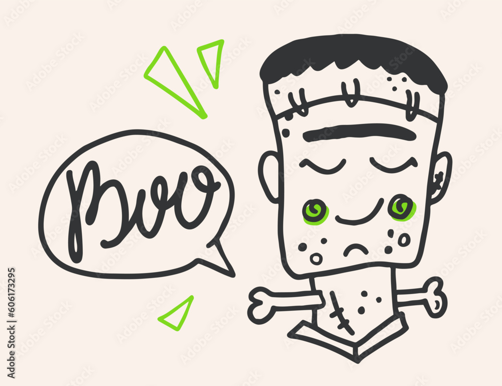Frankenstein with boo speech bubble hand drawn vector character. Cute monster with bone and lettering. Frankenstein with boo speech bubble hand drawn vector character. Cute monster with bone and lettering.