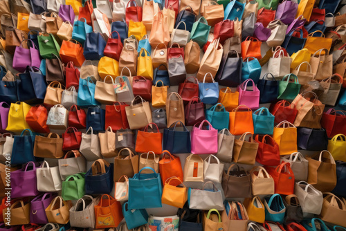 Pile of colorful shopping bags. Over consumption and shopaholism. Created with Generative AI