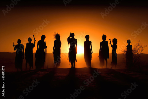 Silhouettes of african aborigines at sunset. Female tribe members in desert landscape. Created with Generative AI photo