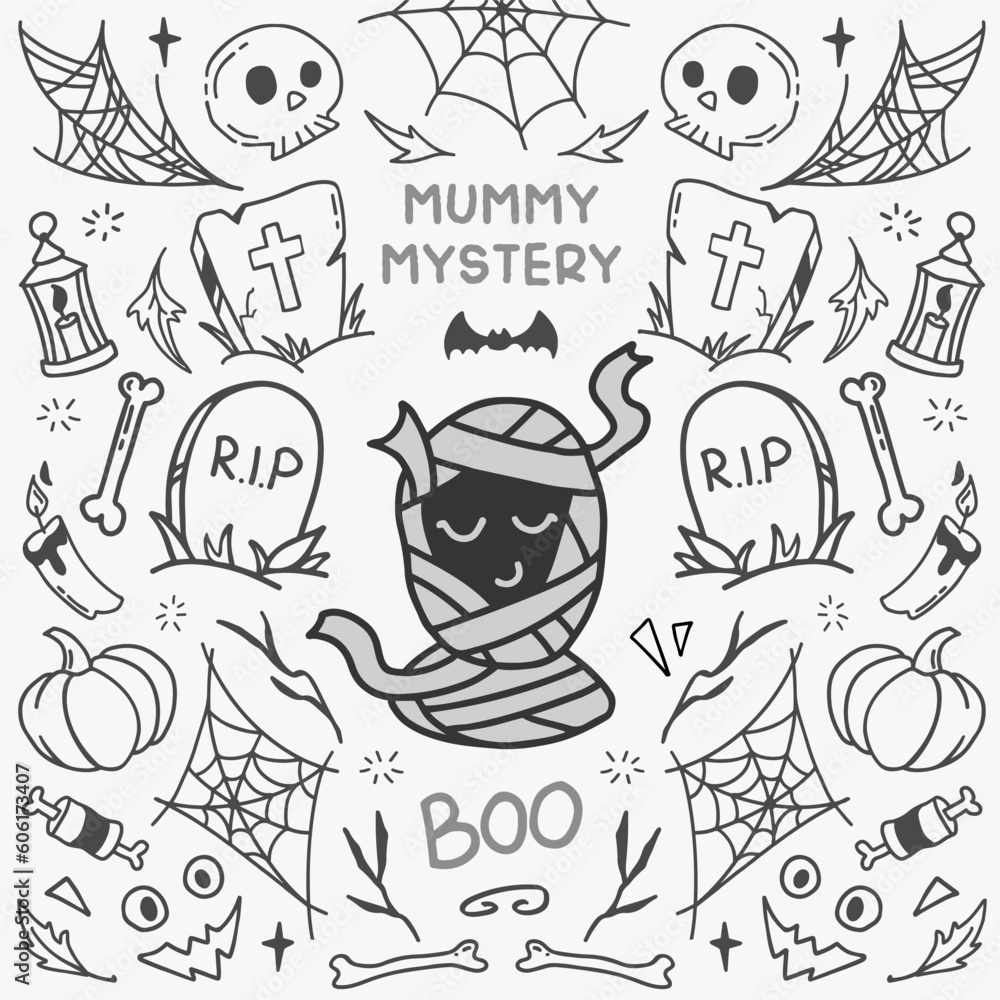 Halloween vector illustration concept with cute mummy, grave and skull. Symmetrical style graphic. Perfect for a social media post, prints, poster, cover or postcard.