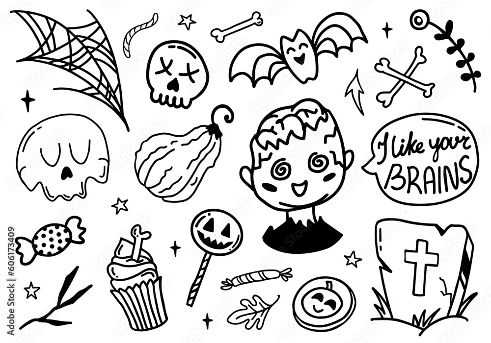 Fototapeta premium Happy Halloween cute vector set with zombie, bat, cupcake, skull, grave, candy, pumpkin lollypop isolated on white background. I like your brains speech bubble lettering quote in doodle style