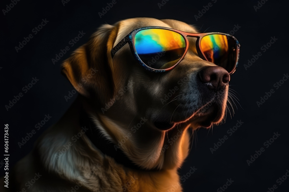 Portrait of Golden Retriever in sunglasses on studio background. Generative AI