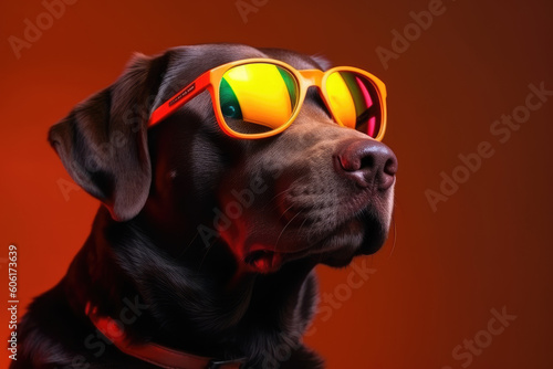 Portrait of Golden Retriever in sunglasses on studio background. Generative AI © zamuruev