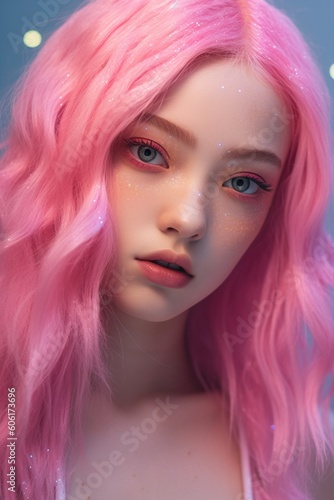 Modern girl teenager with pink and white hair and bright makeup with stickers and decorative adhesive plaster on the face. Anime style. Generative AI