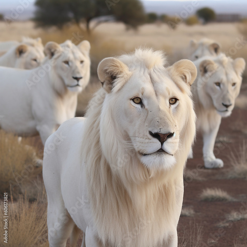 A flock of white lions in the African savannah  close-up  unusual animals  ai generative