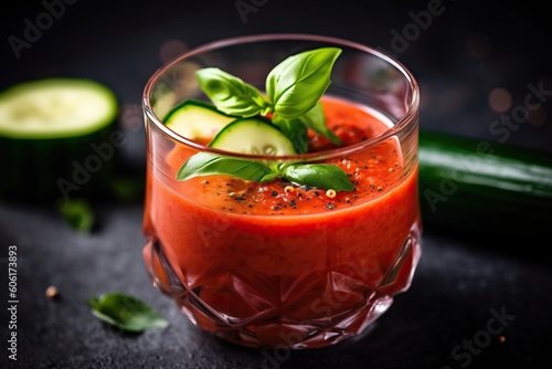 Italian red tomato cold gazpacho soup in glass, with cucumber, onion, Basil. Generative AI photo