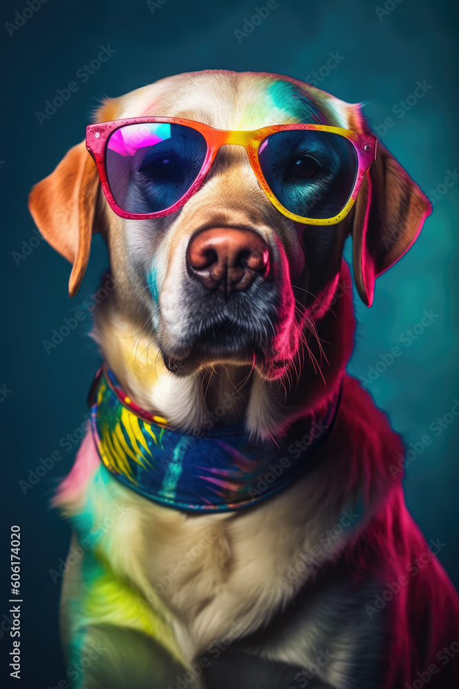 Portrait of Golden Retriever in sunglasses on studio background. Generative AI