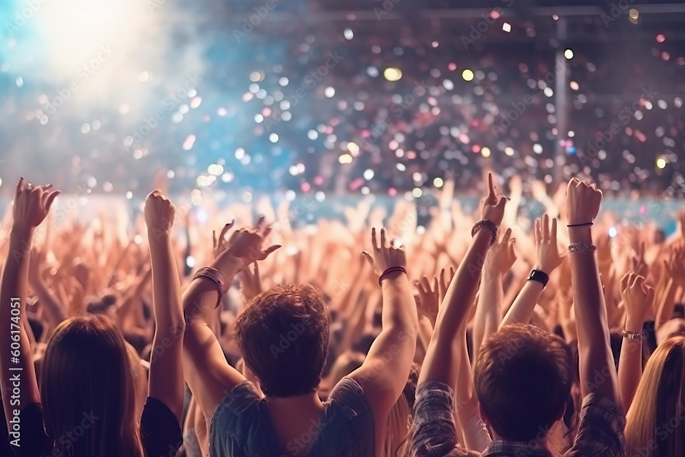 A crowd of people at a concert with their hands in the air created with Generative AI technology - obrazy, fototapety, plakaty 