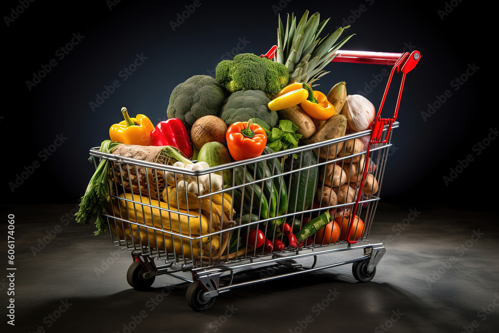 Shopping basket full of variety of grocery products, food and drink. Generative AI