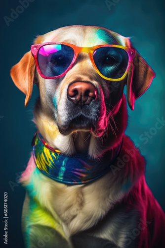 Portrait of Golden Retriever in sunglasses on studio background. Generative AI © zamuruev