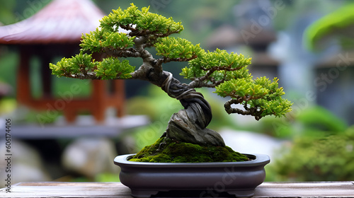 bonsai tree in pot at zen garden Bonsai is a Japanese art form using trees grown in containers Generative AI
