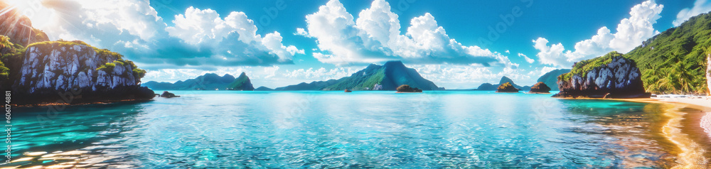 Tropical islands with clear blue water. Panoramic seascape background, website header, banner for travel, tourism, holidays, resort. Generative AI. Tropical islands with clear blue water. Panoramic seascape background, website header, banner for travel, tourism, holidays, resort. Generative AI.