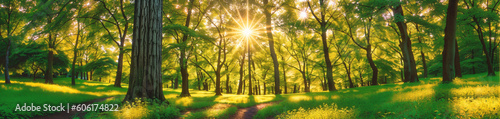 Sun shining through trees in the forest, park. Beautiful summer day in nature. Panoramic background, banner. Generative AI.