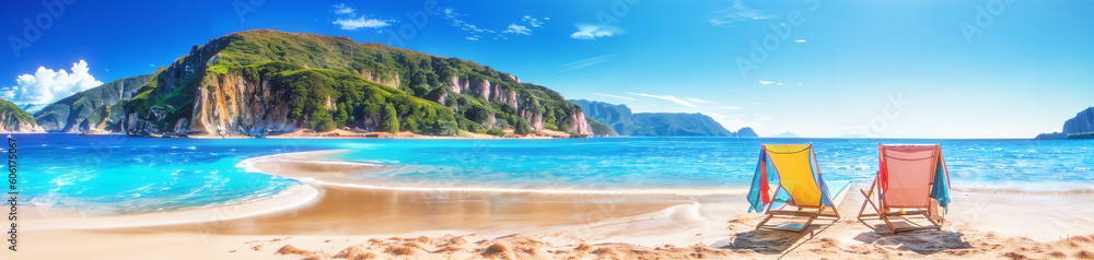 Tropical island with palm trees and clear blue water. Seascape panoramic background with sunbeds, website header, banner for travel, tourism, holidays, resort. Generative AI.