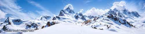 Snow covered mountains range during winter. Mountain peaks panoramic background, banner, header for tourism, travel, skiing resort. Generative AI.