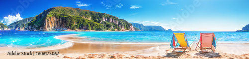 Tropical island with palm trees and clear blue water. Seascape panoramic background with sunbeds, website header, banner for travel, tourism, holidays, resort. Generative AI. ©  DigitalMerchant