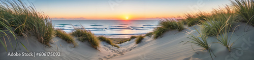 Sunset by the sea with sand dunes. Summer vacation panoramic seascape background, website header, banner for travel, tourism, holidays, resort. Generative AI.
