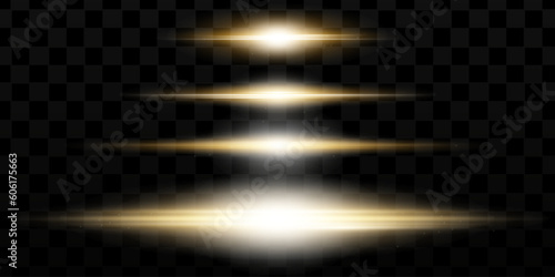 Horizontal light rays, flash yellow horizontal lens flares pack, laser beams, glow yellow line on transparent background, beautiful light flare, bright gold glare, vector illustration, eps 10.