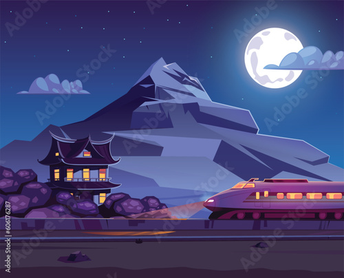 Japanese bullet train and traditional building with Fuji Mountain in background landscape vector illustration