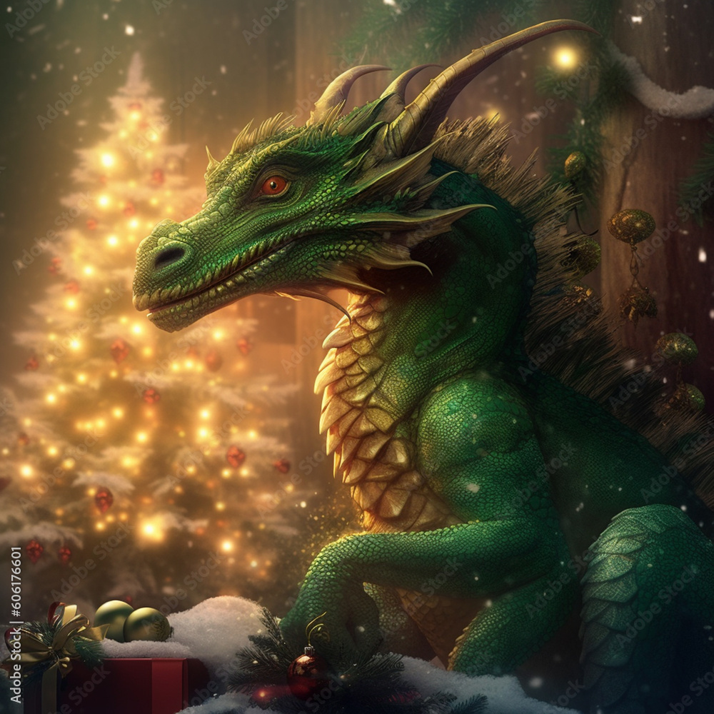 Green cute dragon in full size holding a box with a New Year's gift. illustrative minimalistic image. Generative AI Green cute dragon in full size holding a box with a New Year's gift. illustrative minimalistic image. Generative AI