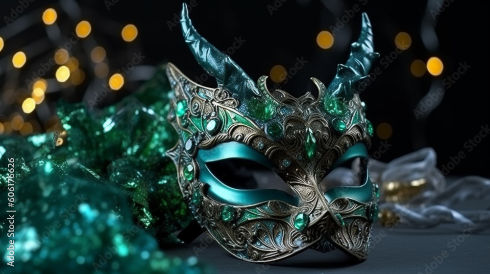 The carnival green mask in the style of a dragon is decorated with stones with emeralds. Attribute of the holiday with a closed face. Generative AI