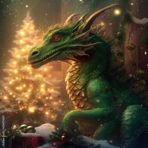 Green cute dragon in full size holding a box with a New Year s gift. illustrative minimalistic image. Generative AI