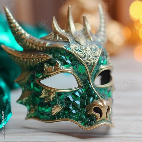 The carnival green mask in the style of a dragon is decorated with stones with emeralds. Attribute of the holiday with a closed face. Generative AI