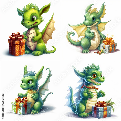  Green cute dragon in full size holding a box with a New Year s gift. illustrative minimalistic image. Generative AI