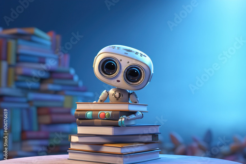 A cute little robot sitting on books Generative AI
