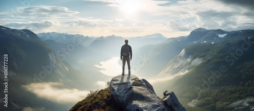 Climber stands on a mountain peak by Generative AI