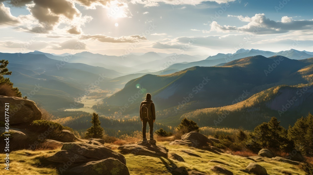 Obraz premium Climber stands on a mountain peak by Generative AI